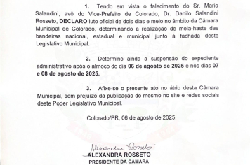 A Câmara Municipal manifesta suas condolências à família Salandini pelo falecimento do Sr. Mario Salandini, avô do Vice-Prefeito, Dr. Danilo Salandini Rosseto.