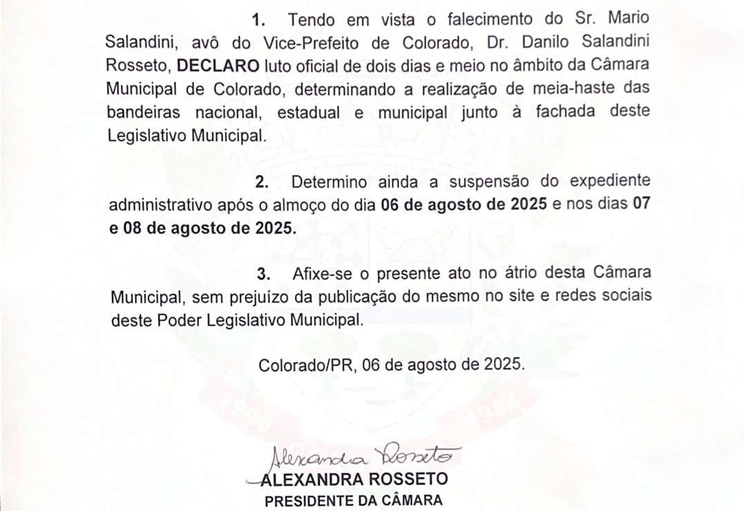 A Câmara Municipal manifesta suas condolências à família Salandini pelo falecimento do Sr. Mario Salandini, avô do Vice-Prefeito, Dr. Danilo Salandini Rosseto.