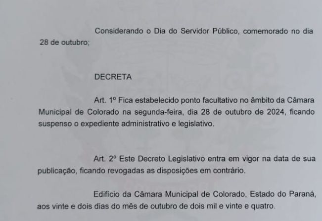 Dia 28/10/24 não haverá expediente nesta Câmara - Dia do Servidor Público
